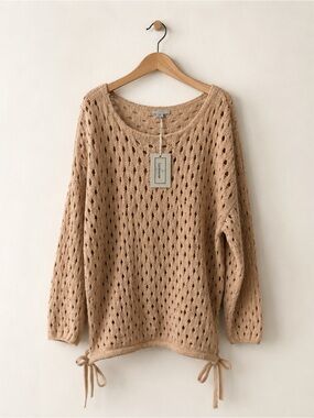 Cashmeren Beige Open Knit Side Tie Lightweight Sweater Cover Up Size Medium